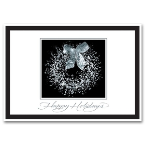 Black and White Distinguished Wreath Holiday Cards with Silver Foil Writing