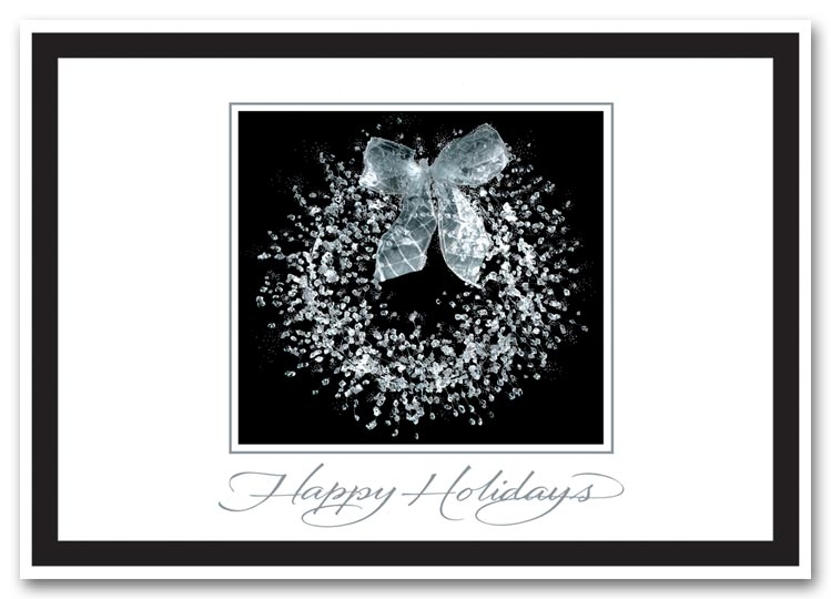 Black and White Distinguished Wreath Holiday Cards with Silver Foil Writing