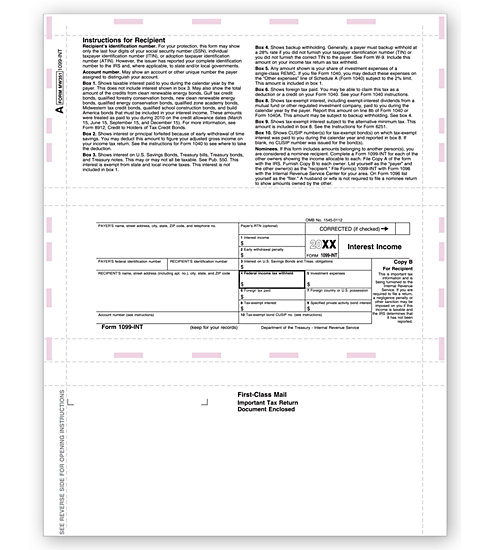 Laser 1099-INT Tax Forms - Recipient Copy B, Pressure Seal