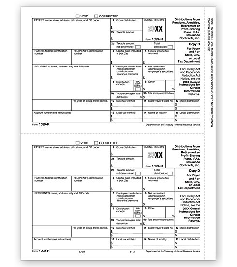 Laser 1099-R Tax Forms - Payer/State/City/Local Copy D