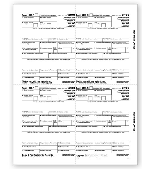 Laser 1099-R 4-Up Tax Forms - Recipient Copy B, C, 2