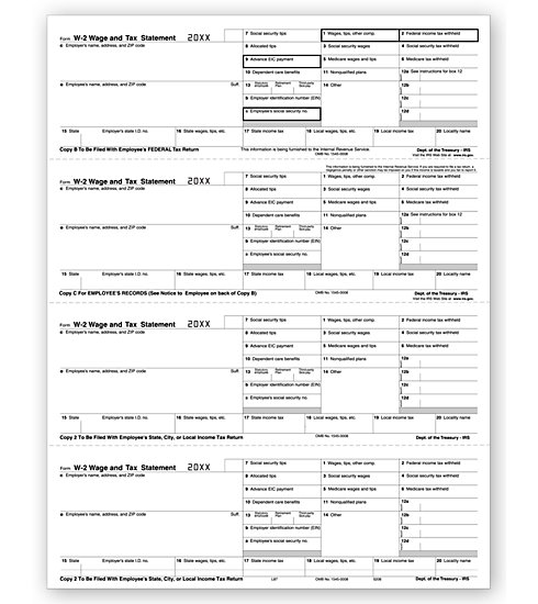 Laser W-2 Tax Forms - Horizontal Format, 4-Up