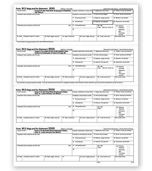 4-Up Laser W-2 Tax Forms - Horizontal Format