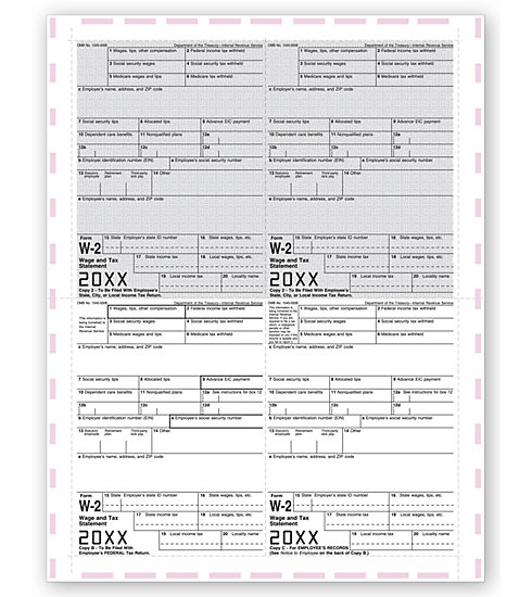 4-Up Laser W-2 Tax Forms - Pressure Seal