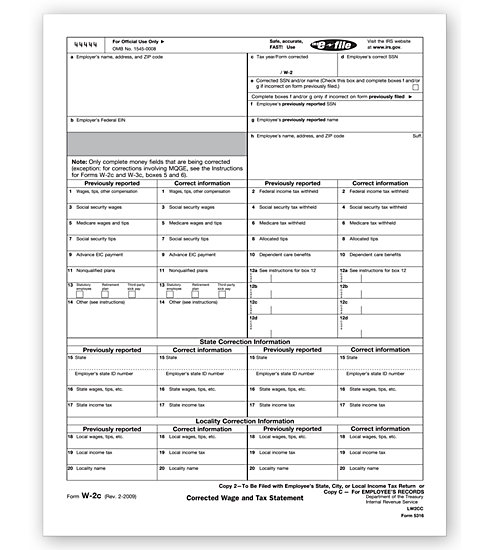 Laser W-2C Tax Forms - Employee Copy 2 or C