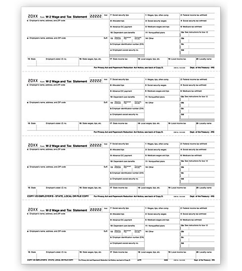 4-Up  Laser W-2 Tax Forms - Copy 1, Horizontal