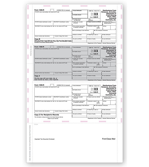 Laser 1099-R Tax Forms - Horizontal, Pressure Seal, 3-Up