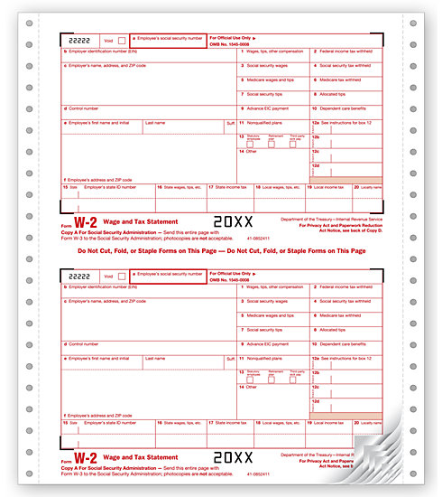 Continuous W-2 Tax Forms - One Wide Set