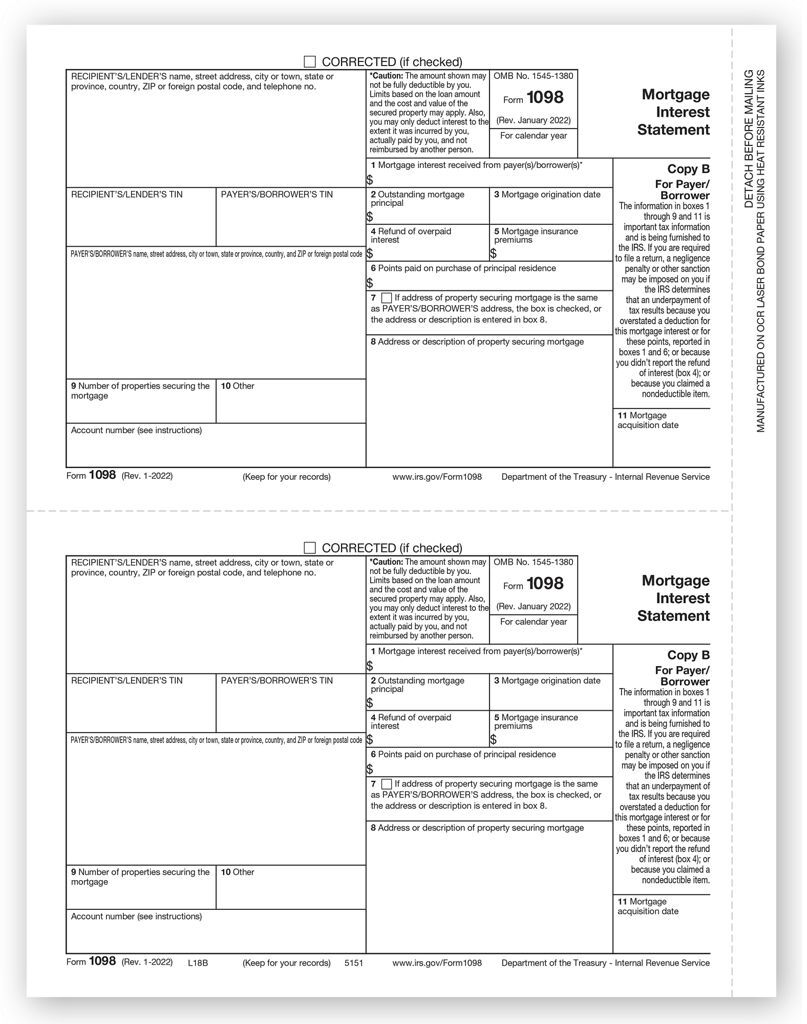 Laser 1098 Tax Forms - Copy B - Bulk