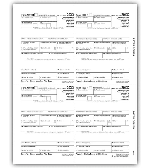 Laser Bulk 1099-R Tax Forms, Payer/ Local/State/File Copy