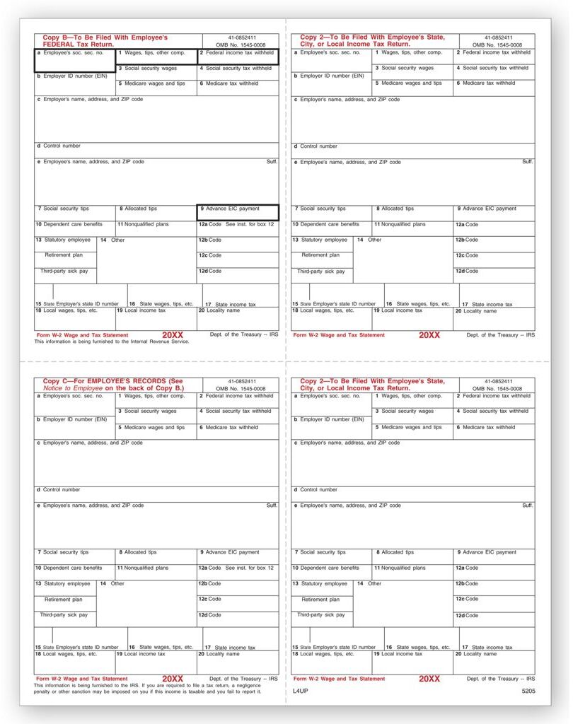 Laser Bulk W-2 Tax Forms - 4-Up