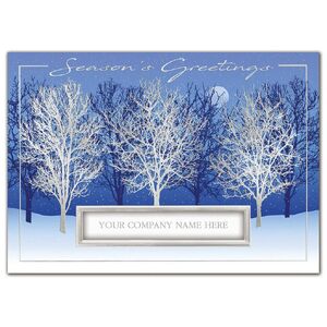 Custom printed holiday greeting cards with three trees and silver moon.