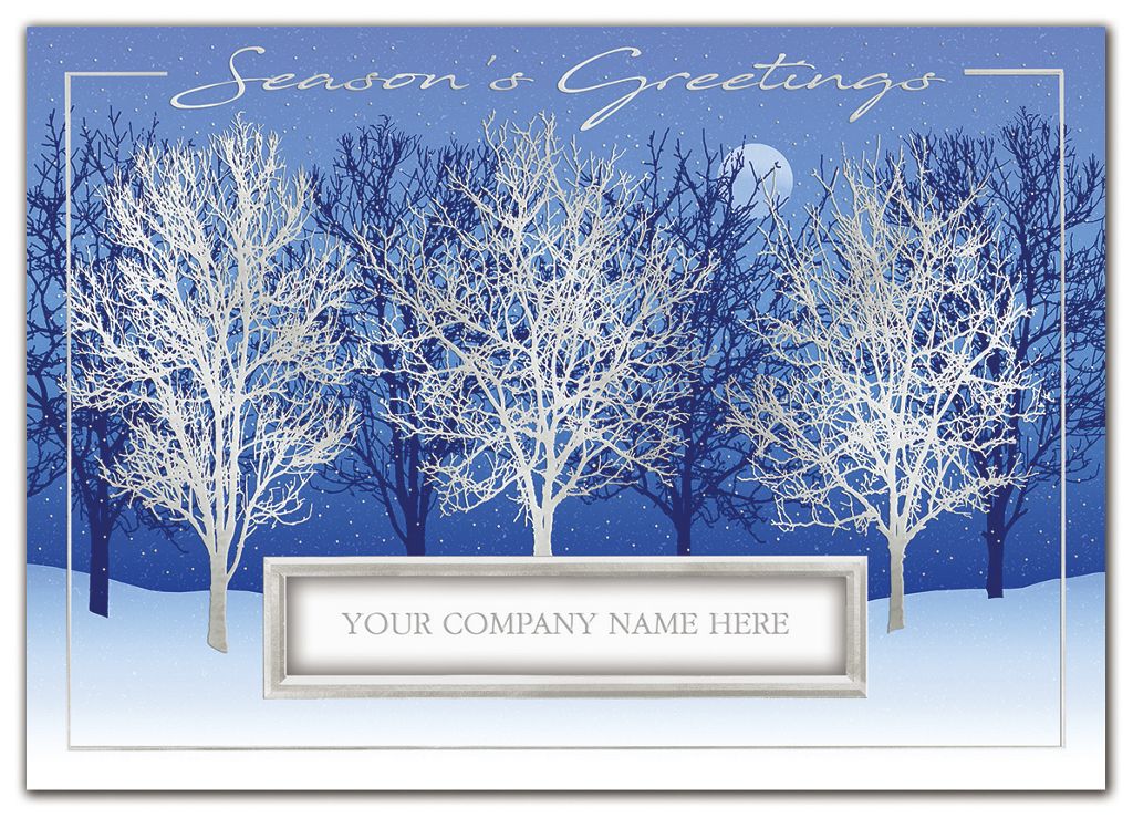 Custom printed holiday greeting cards with three trees and silver moon.