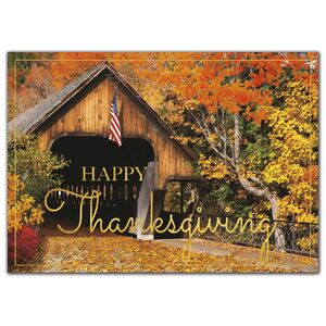 Custom printed Thanksgiving holiday greeting cards with wooden bridge.