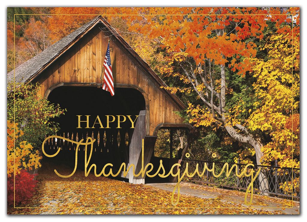 Custom printed Thanksgiving holiday greeting cards with wooden bridge.