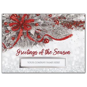 Custom printed snow and red themed greeting cards with your message inside.