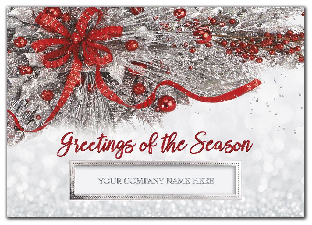 Custom printed snow and red themed greeting cards with your message inside.