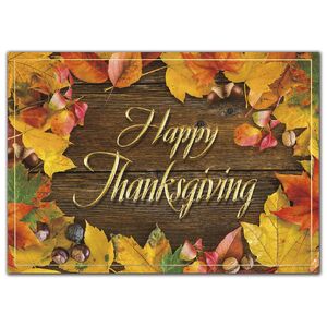 Custom printed Thanksgiving cards with Fall leaves on wooden board.