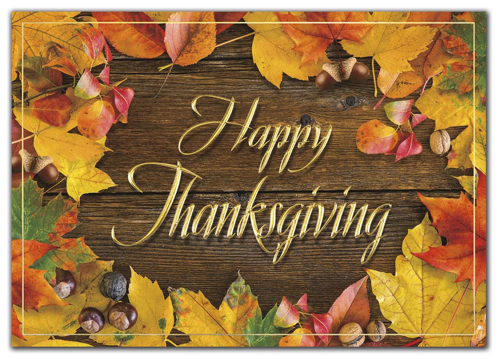 Custom printed Thanksgiving cards with Fall leaves on wooden board.