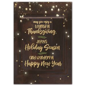 Custom printed Thanksgiving greeting cards with gold and brown theme.