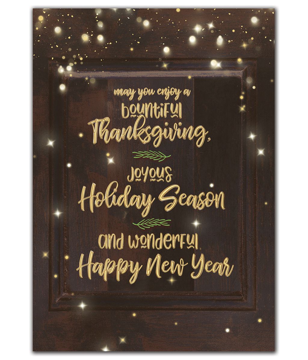 Custom printed Thanksgiving greeting cards with gold and brown theme.