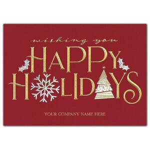 Custom printed holiday greeting cards with gold letters on red card.