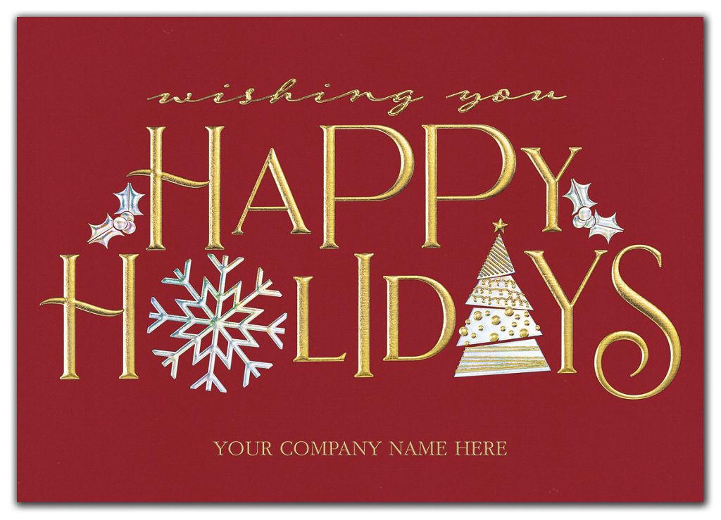 Custom printed holiday greeting cards with gold letters on red card.