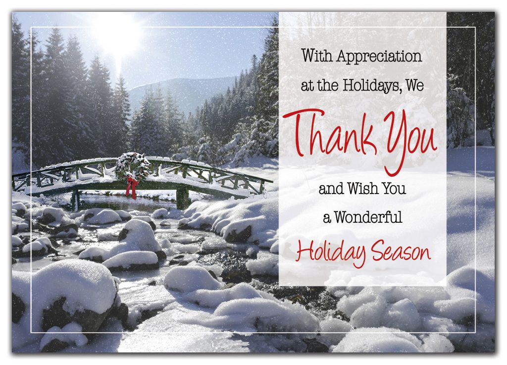 Custom printed holiday greeting cards with gratitude message.