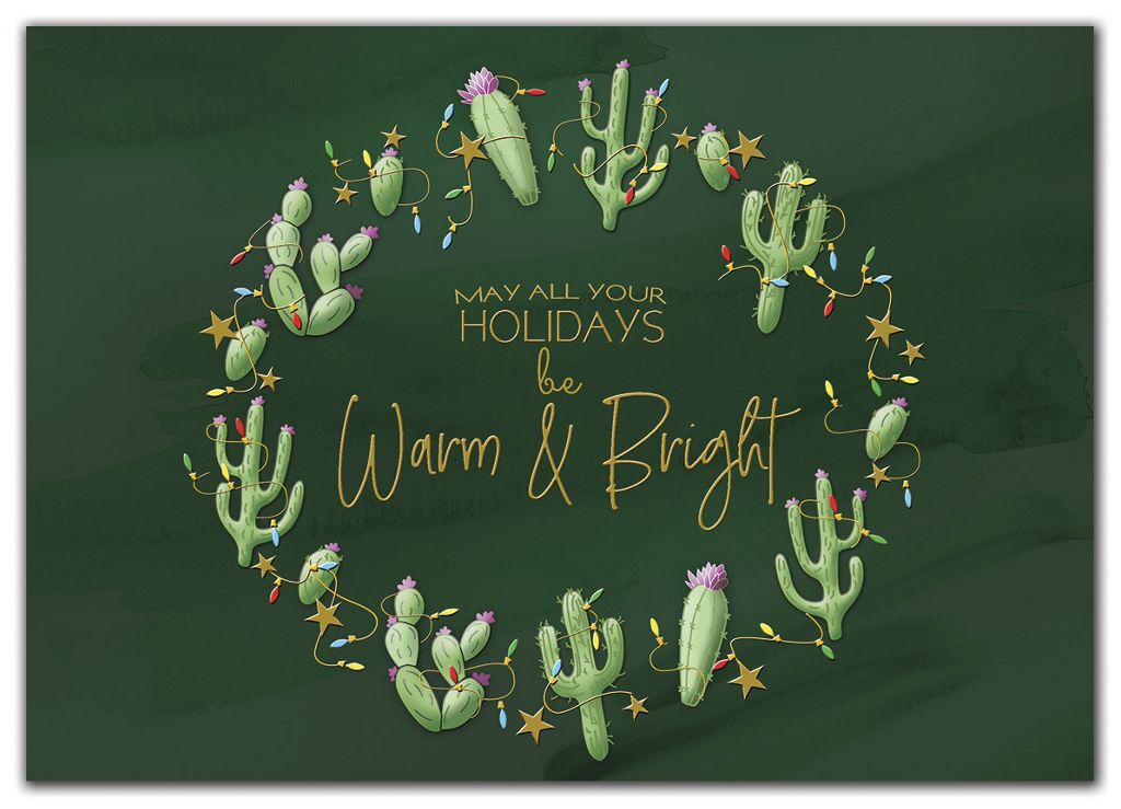 Custom printed holiday greeting cards with cactus wreath.