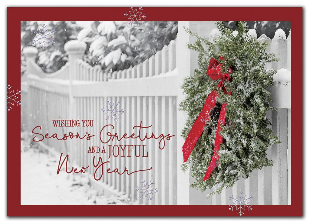 Custom greeting cards with white picket fence and decorated wreath.