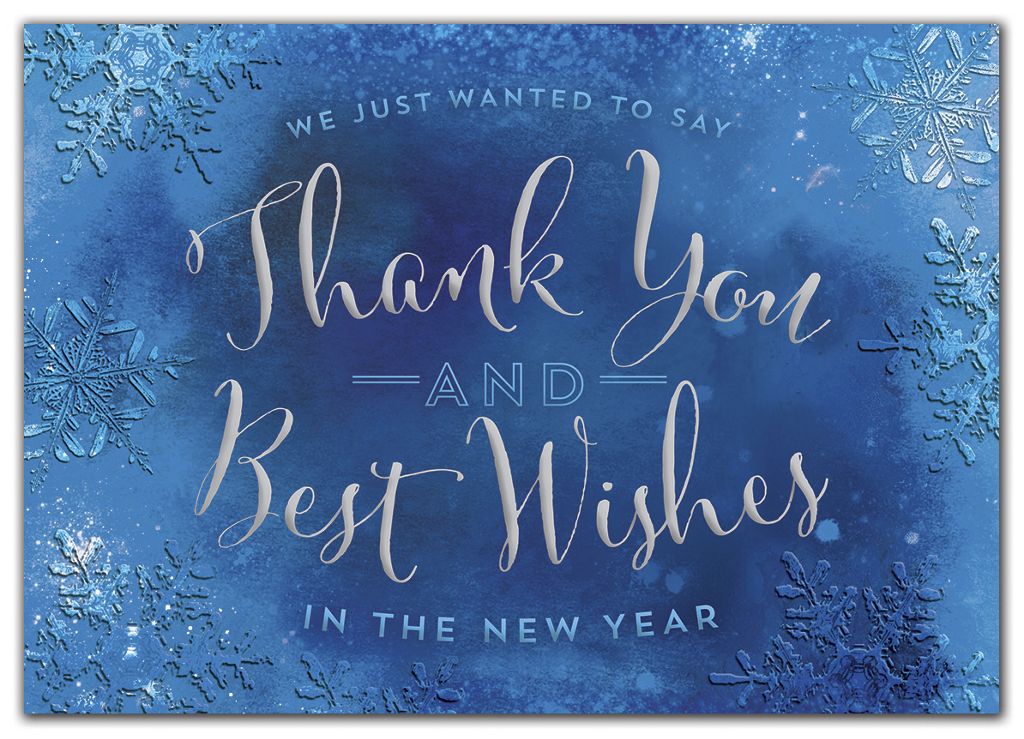 Custom blue and silver greeting cards with Thank You and New Year wishes.