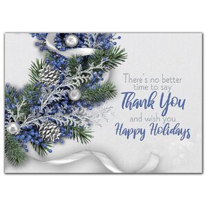 Custom printed holiday cards with blue and silver decorated wreath 