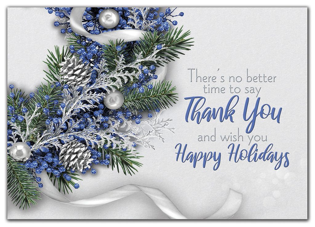 Custom printed holiday cards with blue and silver decorated wreath 