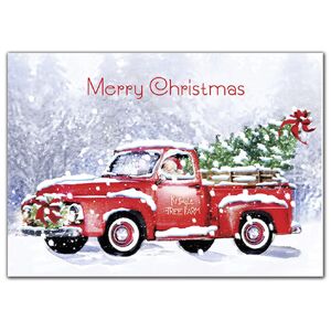 Custom printed holiday cards with red truck and Christmas tree