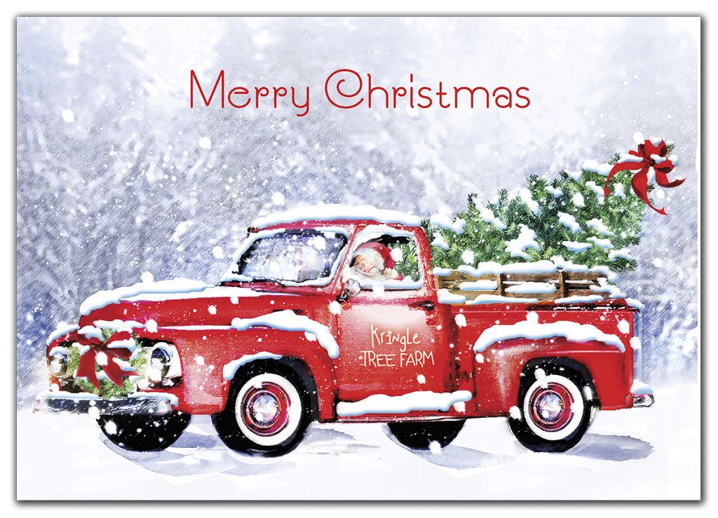 Custom printed holiday cards with red truck and Christmas tree