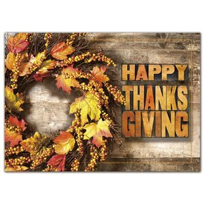 Customized Thanksgiving greeting cards with Fall leaves wreath design