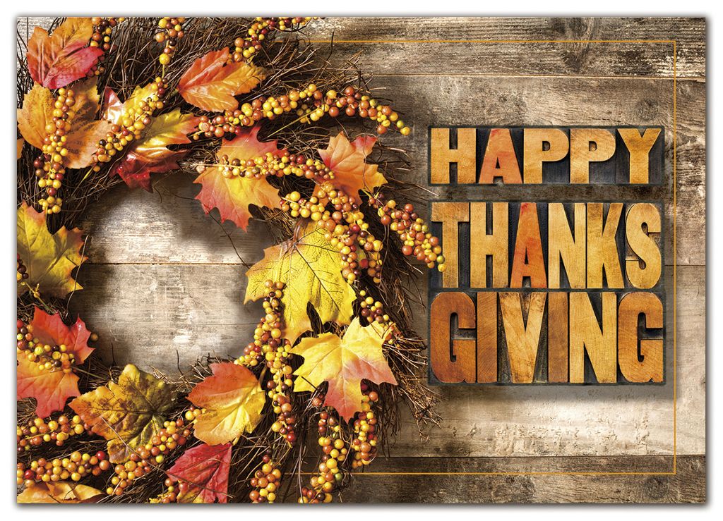 Customized Thanksgiving greeting cards with Fall leaves wreath design