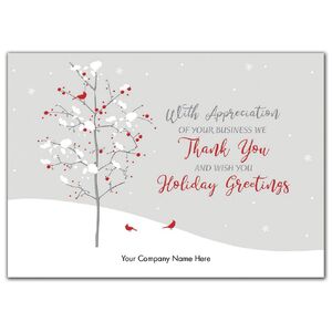 Customized holiday greeting cards with red bird on white tree