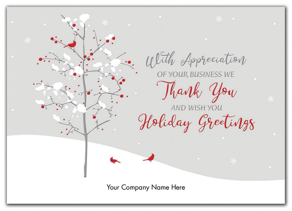 Customized holiday greeting cards with red bird on white tree