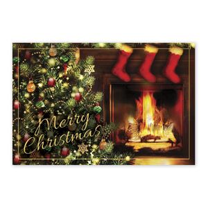 Custom printed Christmas postcards with fireplace, tree and stockings