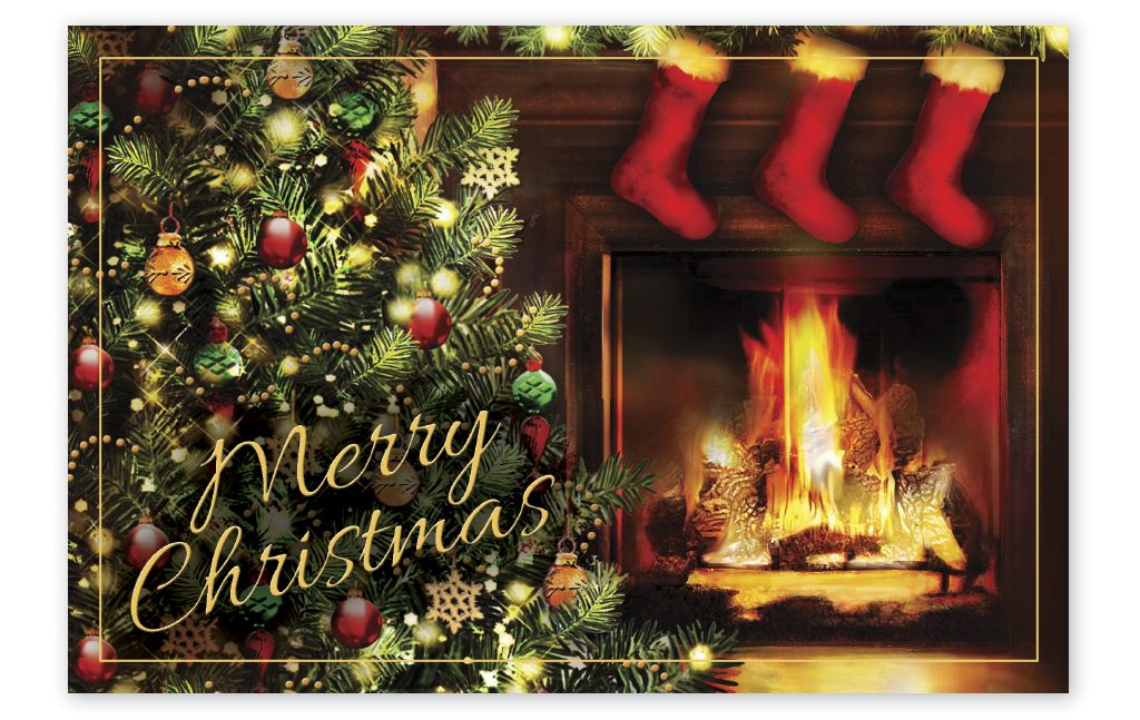 Custom printed Christmas postcards with fireplace, tree and stockings