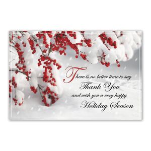 Custom printed thank you holiday greeting postcards with berries and snow