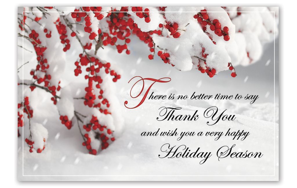 Custom printed thank you holiday greeting postcards with berries and snow