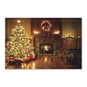 Custom printing of Christmas postcards with lit tree and modern fireplace