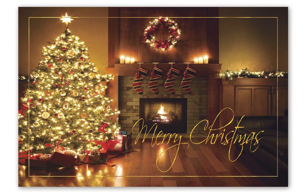 Custom printing of Christmas postcards with lit tree and modern fireplace