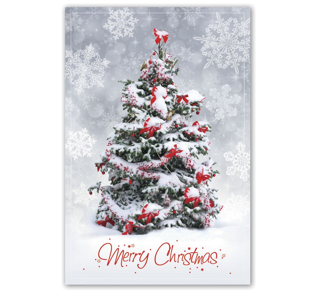 Custom Christmas postcards with a tree covered with snow