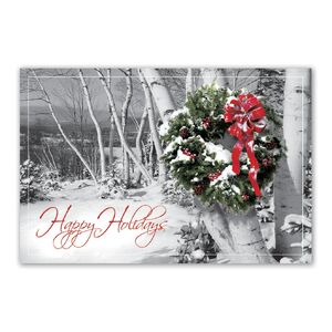 Custom printed postcard with wreath and happy holidays caption