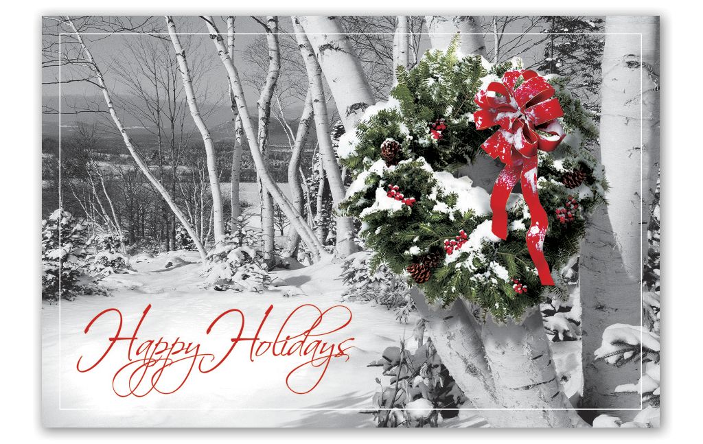 Custom printed postcard with wreath and happy holidays caption