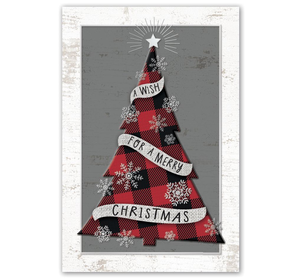 Christmas postcard printing with plaid tree on grey background