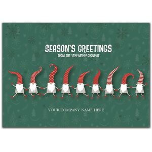 Custom Printed Holiday Cards with Nine Elves on Green Background